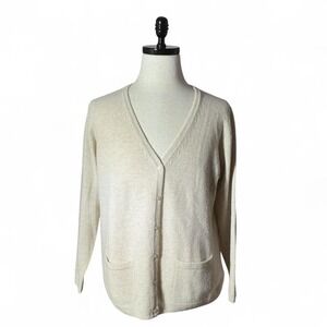 ISLE ESSENTIALS Pure Merino Wool Beige V Neck Button Front Cardigan Sweater L